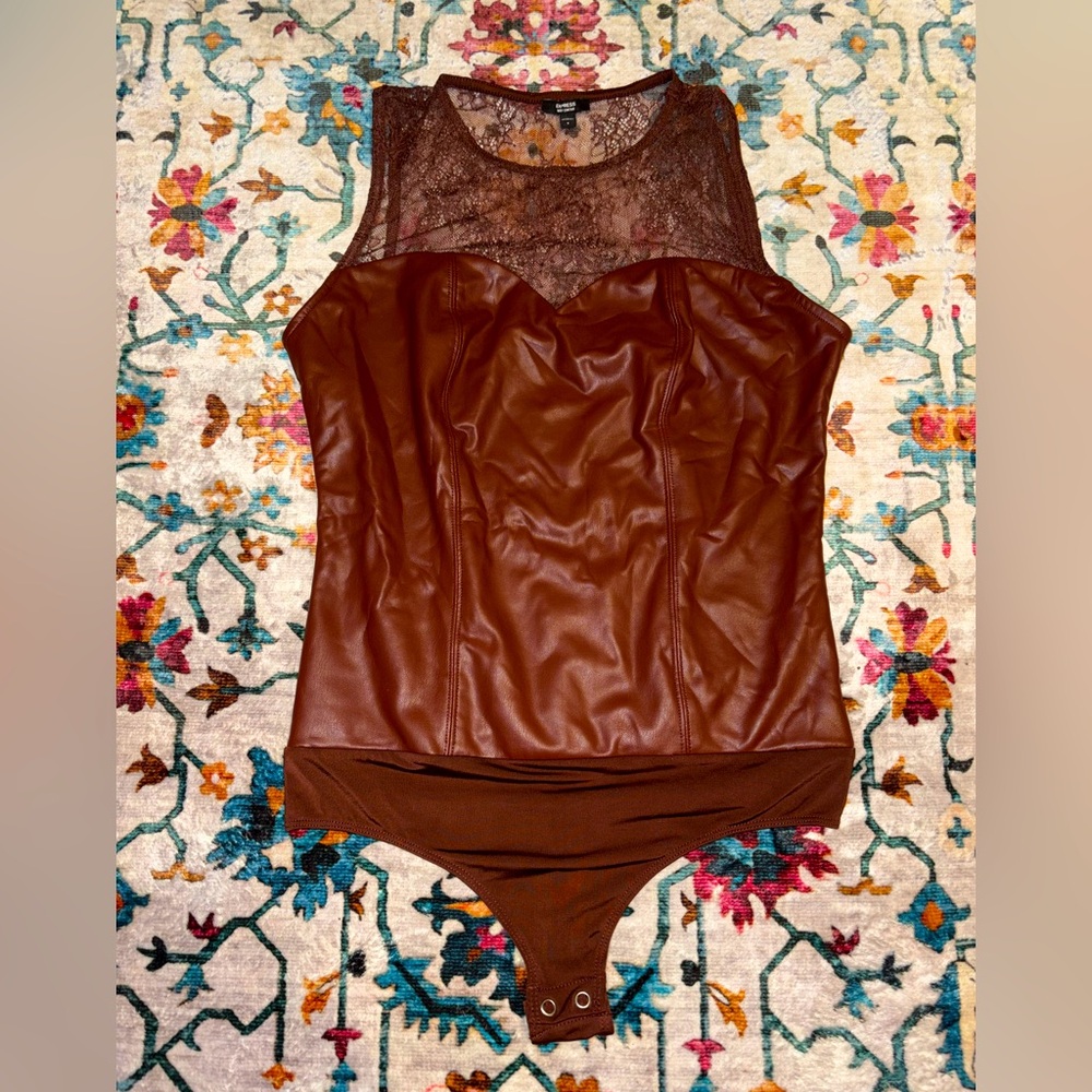 Express Brown Lace and Faux Leather Bodysuit